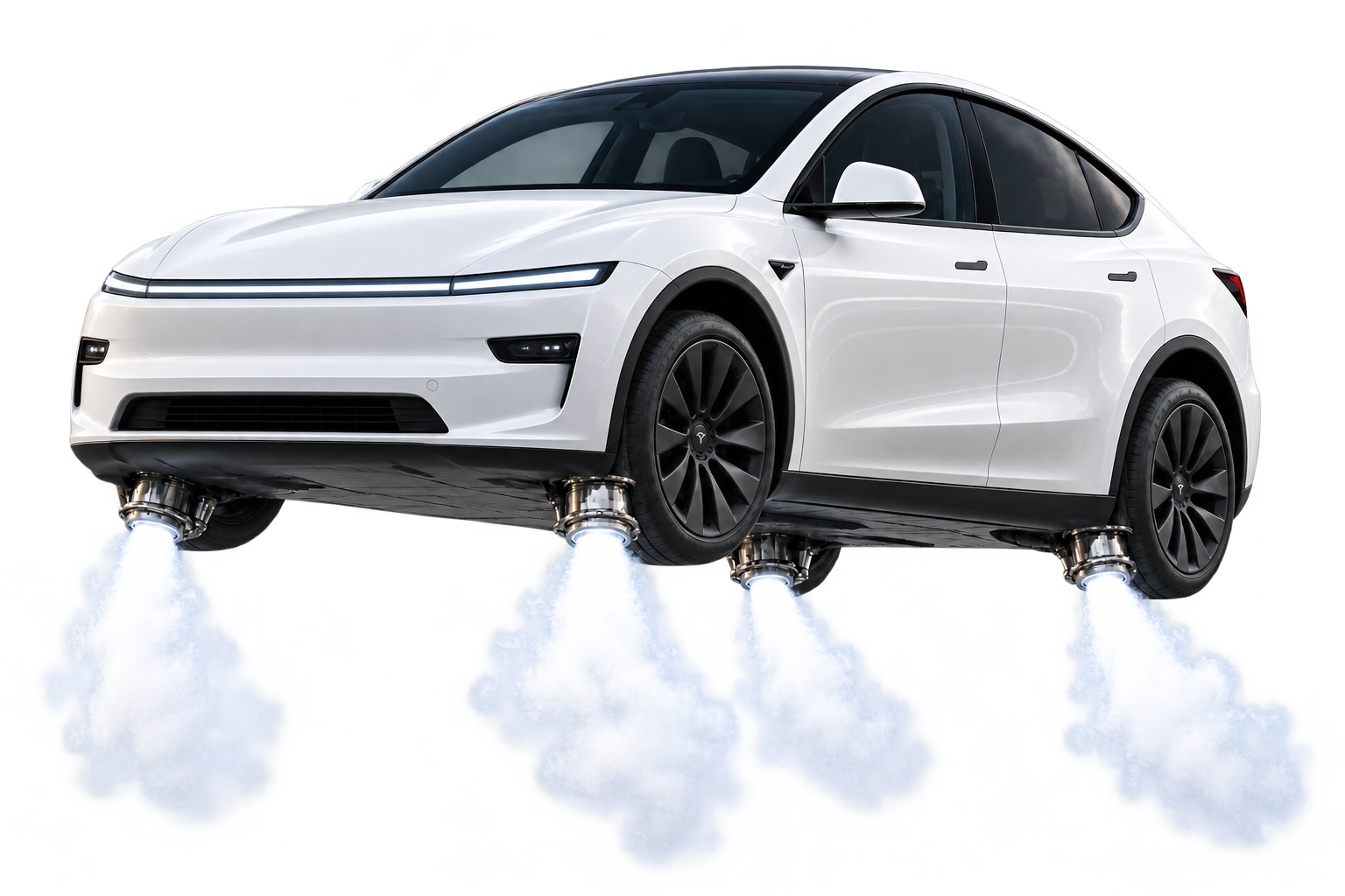 Concept di fantasia: una nuova Tesla Model Y Premium bianca sospesa in volo, con quattro propulsori sotto la carrozzeria che emettono gas bianco.